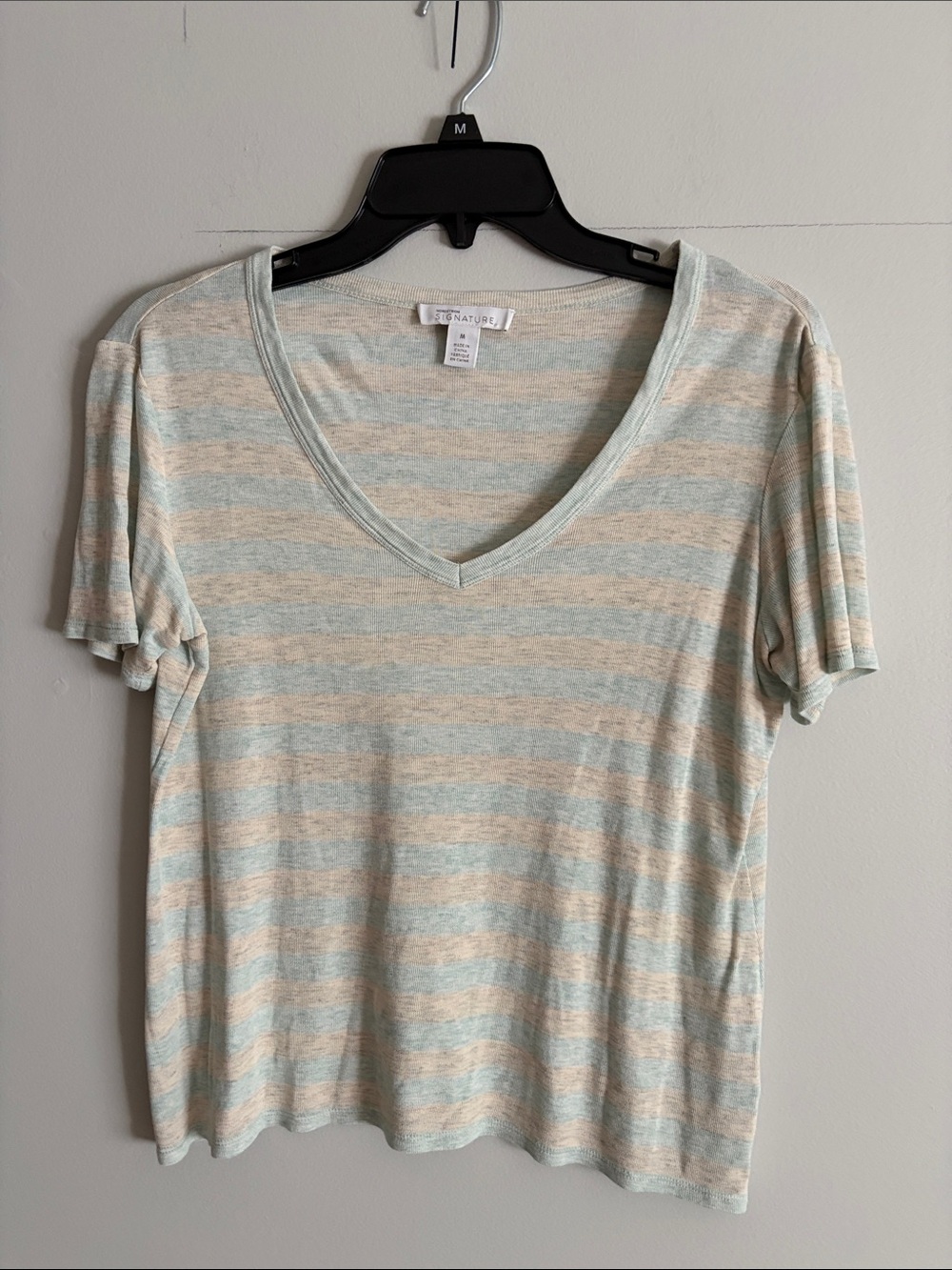 Signature by Nordstrom. Light Blue and grey Striped V-Neck Tee.med. Rayon.